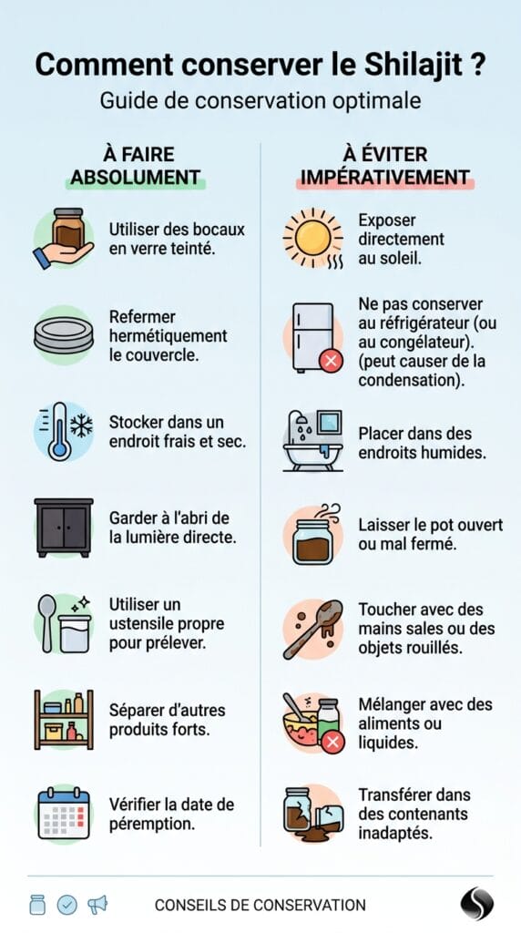 Comment bien conserver le Shilajit ? - Astuces et recommandations 3 Infographie expliquant ce qu'il faut faire ou non pour bien conserver la résine de Shilajit.