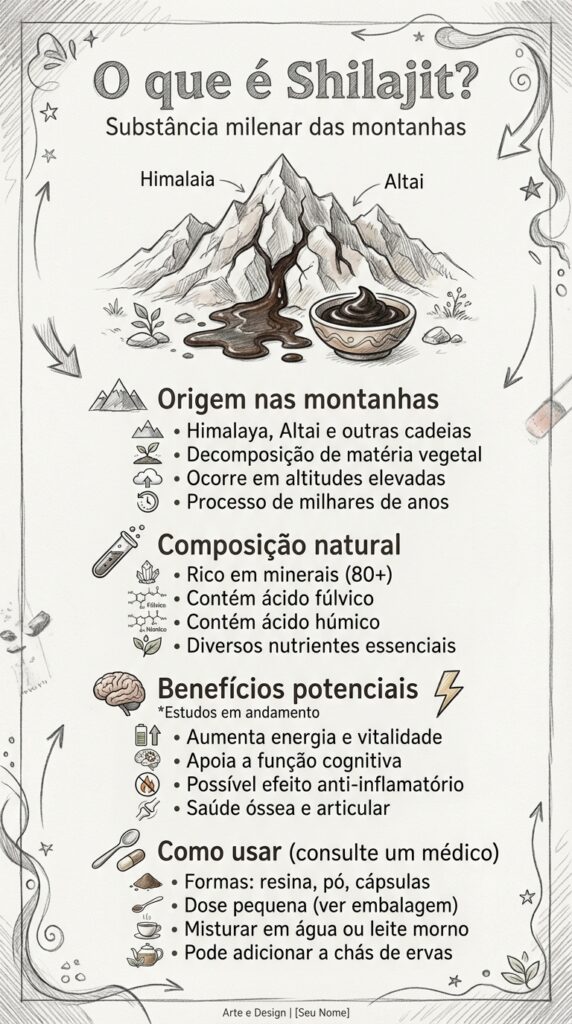 Início Brasil Português 2 Infográfico explicando o que é o shilajit