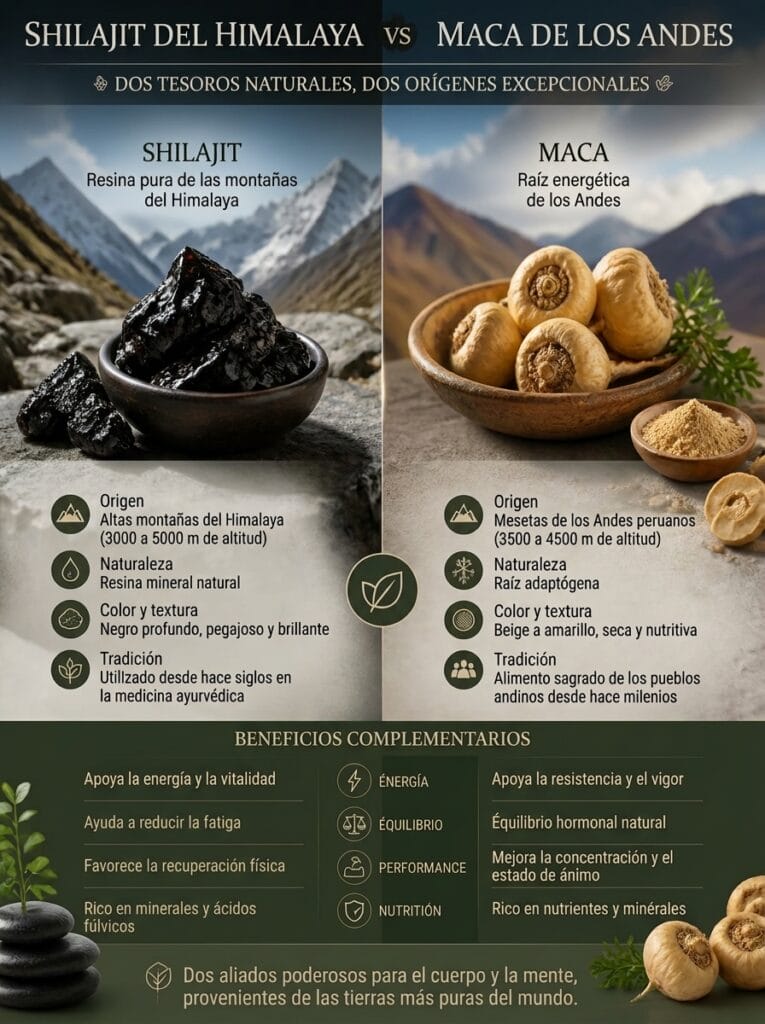 ¿Shilajit o Maca? 3 Descubra los beneficios del Shilajit y la Maca, dos superalimentos con propiedades energizantes y revitalizantes. ¿Cuál es la mejor opción para su salud?