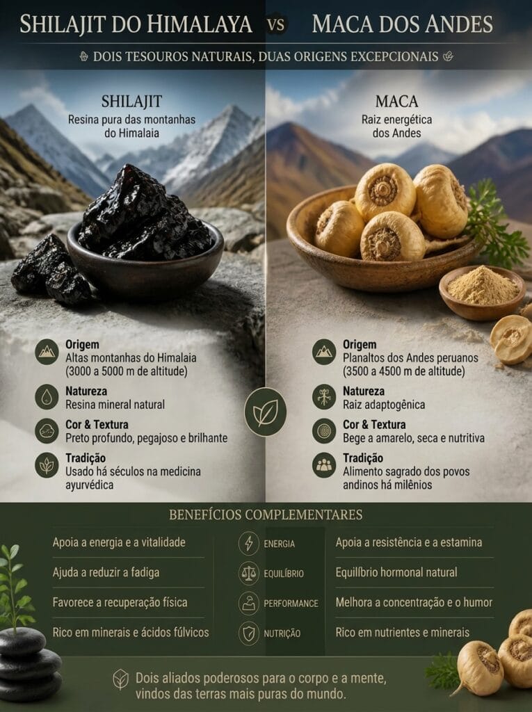 Shilajit ou Maca ? 3 Descubra os benefícios do Shilajit e da Maca, dois superalimentos com propriedades energizantes e revitalizantes. Qual é a melhor opção para a sua saúde?