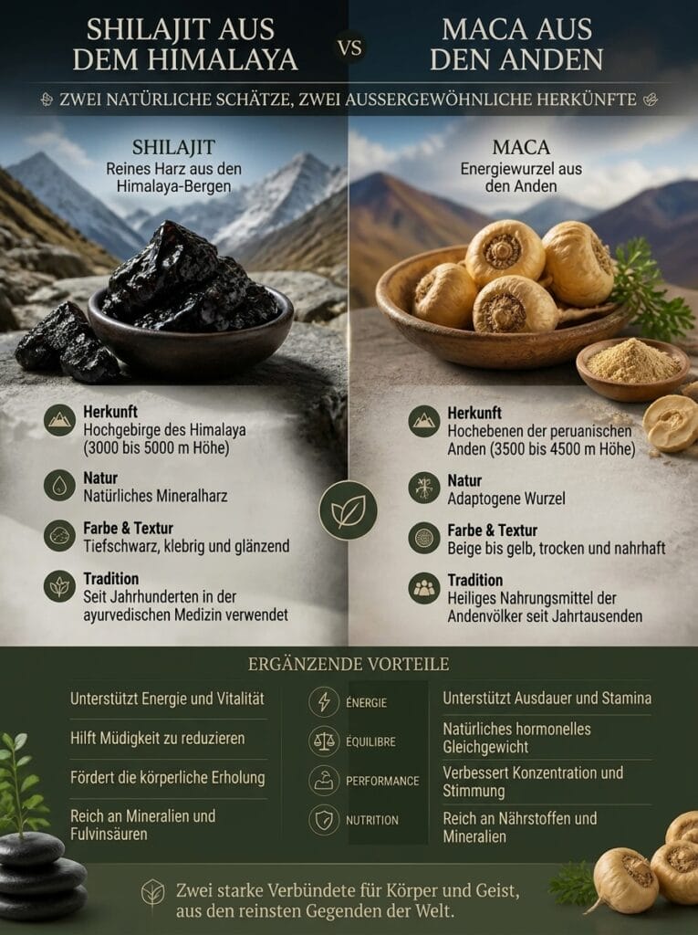 Shilajit oder Maca? 3 Entdecken Sie die Vorteile von Shilajit und Maca, zwei Superfoods mit energetisierenden und revitalisierenden Eigenschaften. Welche Wahl ist die beste für Ihre Gesundheit?