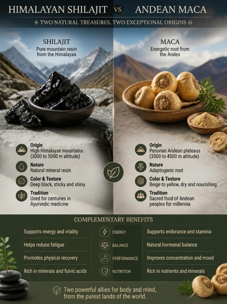 Shilajit or Maca? 3 Discover the benefits of Shilajit and Maca, two superfoods with energizing and revitalizing properties. What is the best choice for your health?