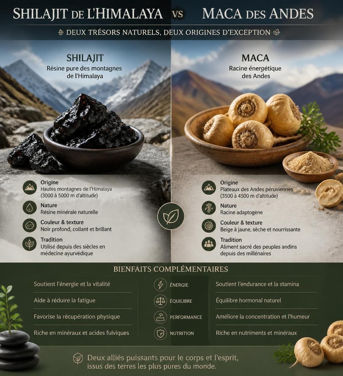 Shilajit ou Maca ? 3 Découvrez les bienfaits du Shilajit et de la Maca, deux super-aliments aux propriétés énergisantes et revitalisantes. Quel est le meilleur choix pour votre santé ?