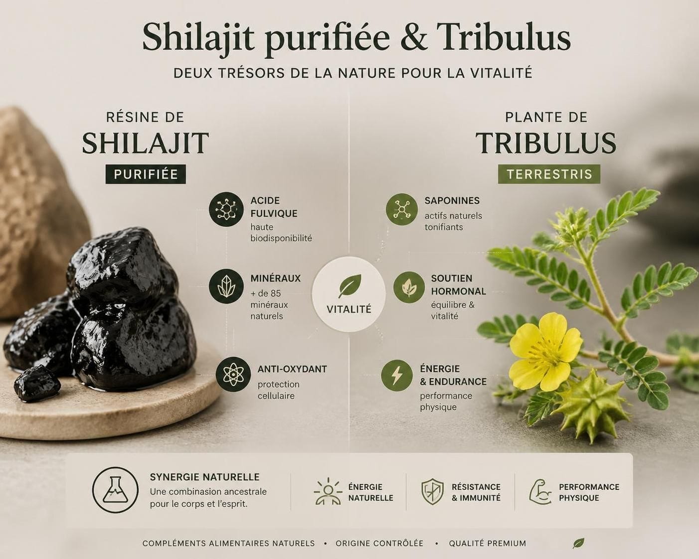 Tribulus ou Shilajit ? 3 Découvrez les bienfaits du Tribulus et du Shilajit, deux compléments naturels populaires. Comparaison, utilisations et conseils pour choisir celui qui vous convient.
